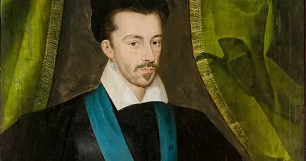 Portret Henryka, króla polskiego, w czarnym stroju z błękitną szarfą i białym kołnierzem.