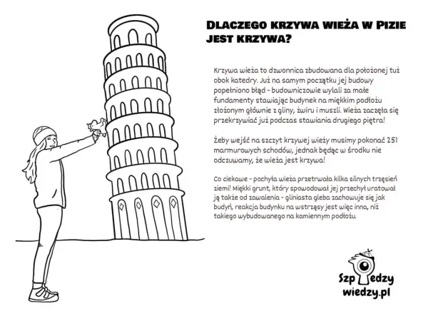 Dziewczynka z kotkiem przy krzywej wieży w Pizie. Dlaczego wieża w Pizie jest krzywa? Bo budowniczowie popełnili błąd.