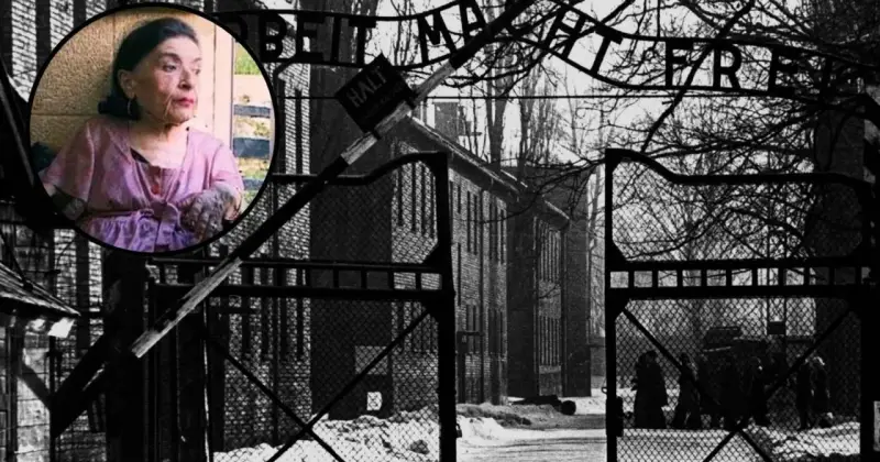 Wizerunek przedstawia bramę obozu koncentracyjnego z napisem "Arbeit macht frei" i portret starszej kobiety, która przeżyła eksperymenty na dzieciach.